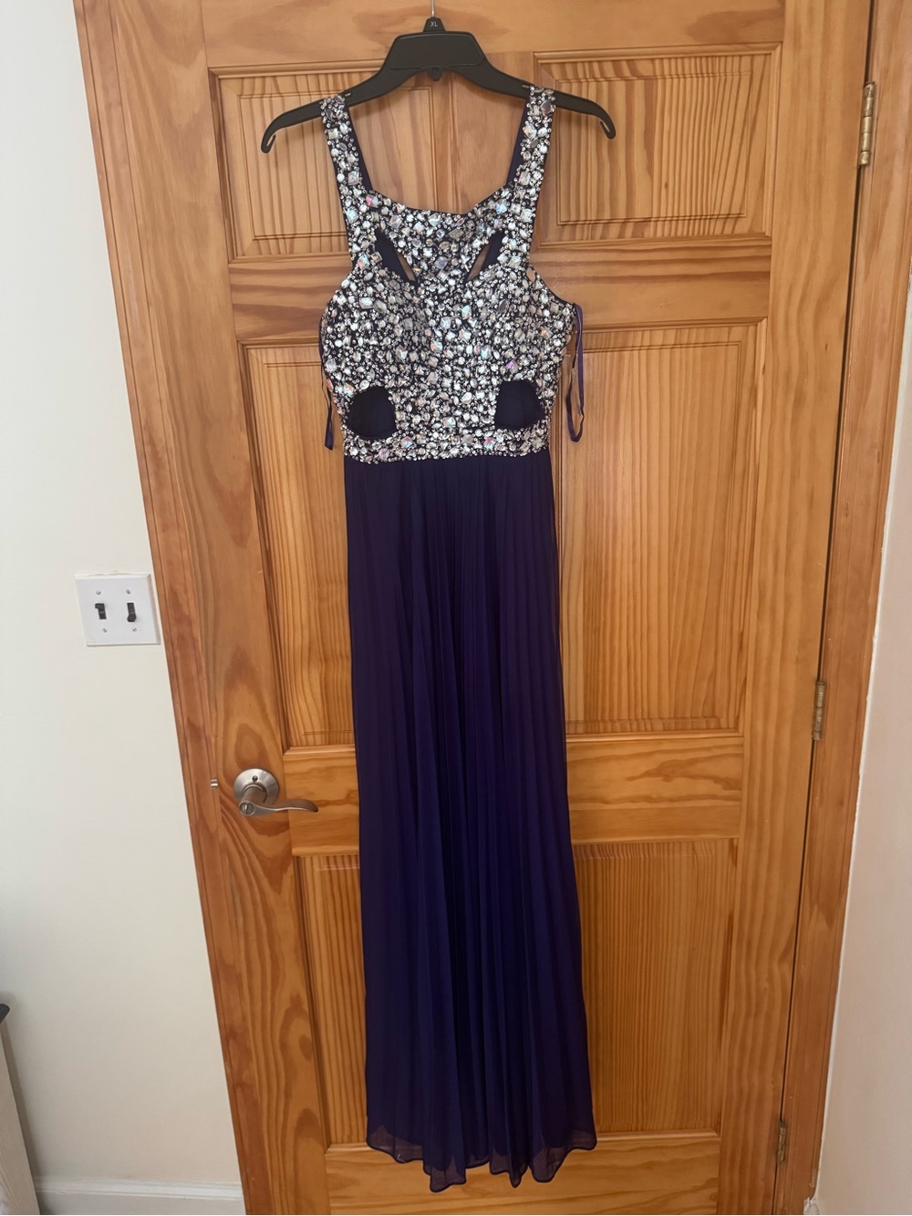 Betsy & Adam Navy Beaded Bodice Prom Gown